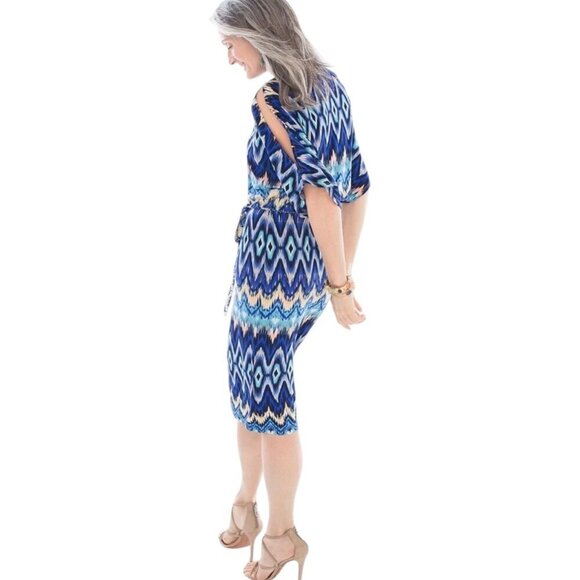 Chico's Nouveau Ikat Dress, Blue Multicolor Slit Sleeves Women's Size 1 (M) - Picture 2 of 13